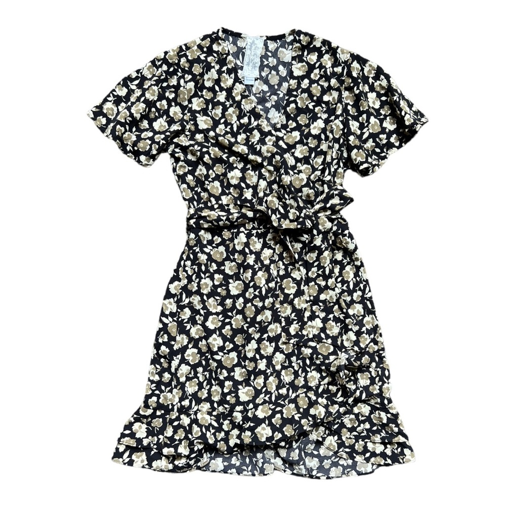 Sadie and Sage Flutter Floral Mini Dress Black Tan Size Small